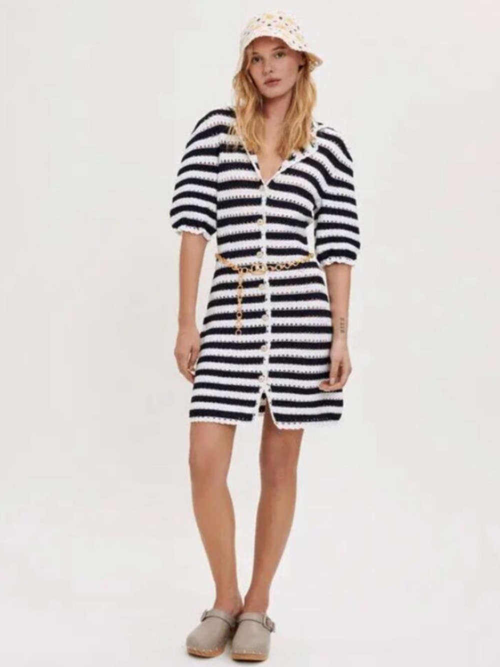 Maje Rosette Striped Crochet Look Dress